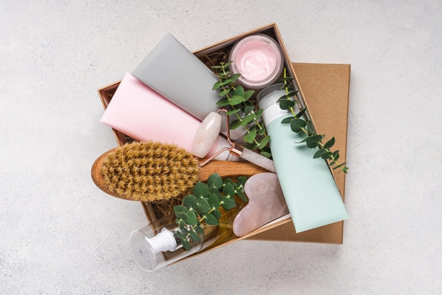 An assortment of beauty products including skincare and makeup items displayed in a flat lay, illustrating the diverse inventory managed through optimized fulfillment services.