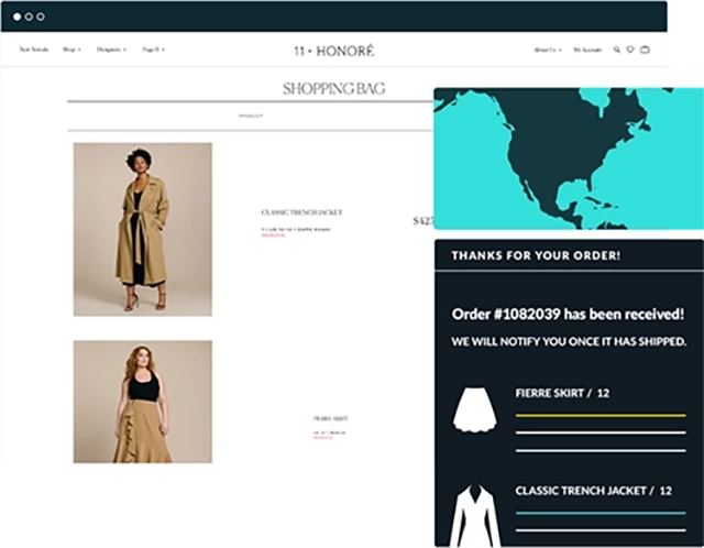 Screenshots of a fashion e-commerce website and a real-time order confirmation page, demonstrating the quick response capability of an Order Management System