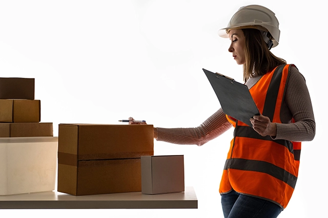 A logistics worker in a safety vest and helmet carefully inspects a stack of packages, highlighting the importance of tech and efficient returns processes in hiring.