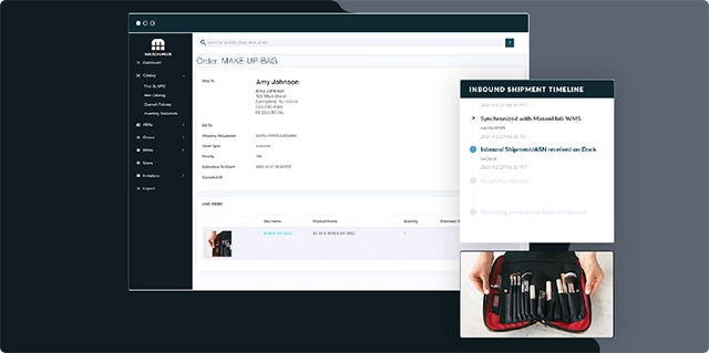 A user interface displaying a makeup bag product, symbolizing the successful shift from in-house to MasonHub’s fulfillment partnership.