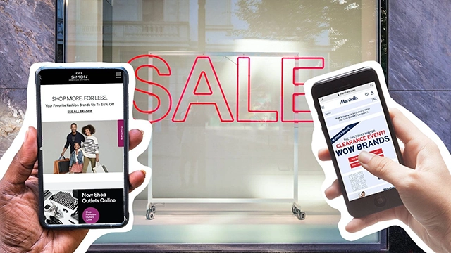 Two hands holding smartphones with online shopping sites displaying sales, symbolizing the digital competition among off-price sellers