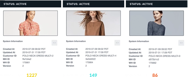 An interface of an Order Management System displaying the active status of three clothing items, with detailed system information and sales statistics