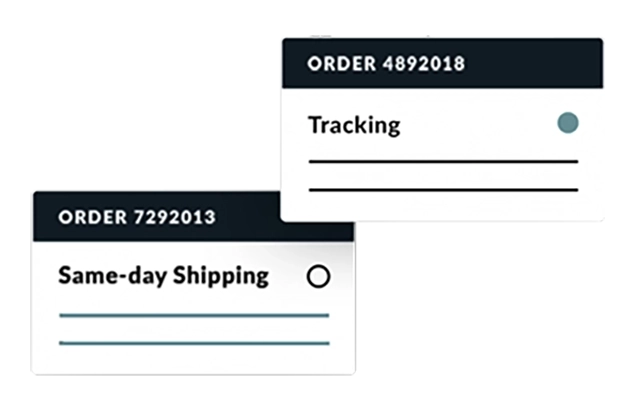 Interface of an order management system featuring order tracking and same-day shipping options, demonstrating cost-saving measures and efficiency