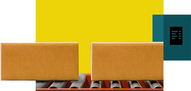 Two cardboard parcels on a conveyor belt against a vibrant yellow background, indicative of a busy fulfillment center ready for shipping