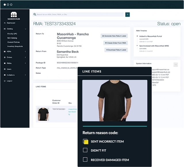 Screenshot of a return merchandise authorization (RMA) module in an order management system, showcasing customer return details and line items for a black t-shirt
