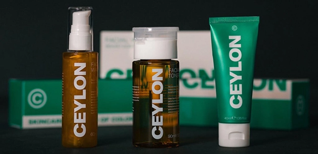 Ceylon skincare products featuring cleanser, toner, and moisturizer in branded packaging.